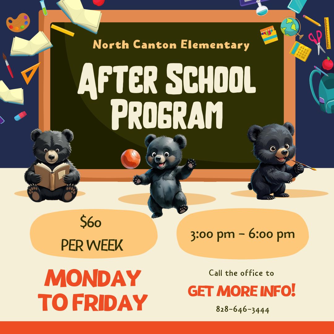 NCE After School Program will be Monday through Friday from 3:00 pm-6:00 pm. The cost is $60. Call the office to get more info! 828-646-3444 per week 