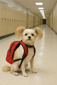 Small dog wearing backpack in a school hallway